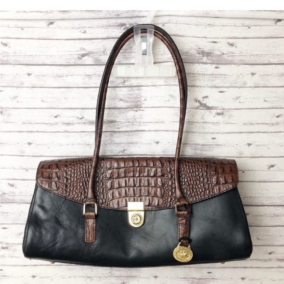 Brahmin Handbags - Brahmin Vintage Brown Black Croco Embossed Leather Flap Satchel Handbag Purse